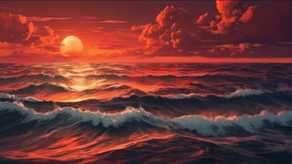 An illustration of a vast ocean with a red sky above.  A bright star can be seen in the sky.